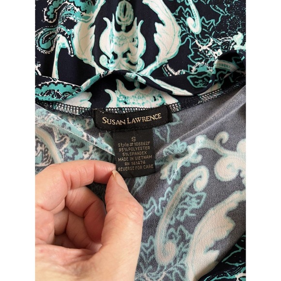 Susan Lawrence Navy Blue Slinky Green Paisley Print Stretchy Maxi Dress Sz Small - Picture 6 of 6